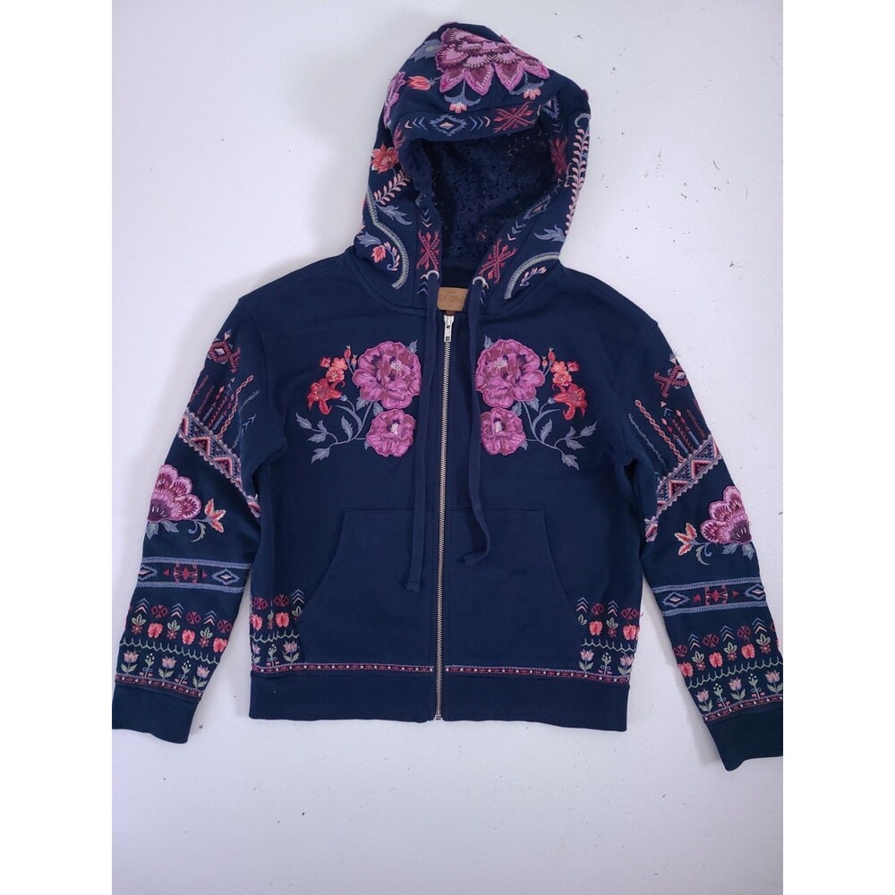 Driftwood Teddy Jacket XS Blue Embroidered Zip Up Hoodie Floral Boho